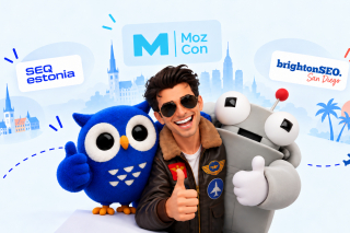 Adsy at SEO Estonia, MozCon and brightonSEO San Diego 2026: owl mascot, Roger and a pilot with thumbs up