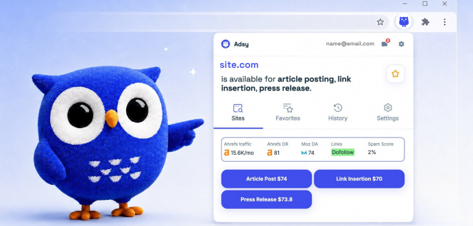 Adsy Checker extension displaying website metrics and placement pricing options