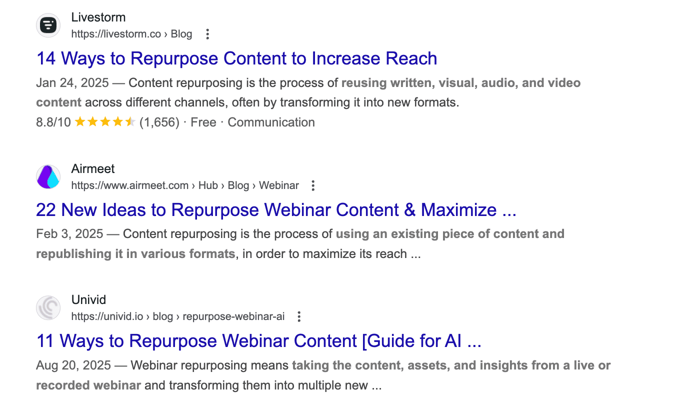 repurpose webinar content google results