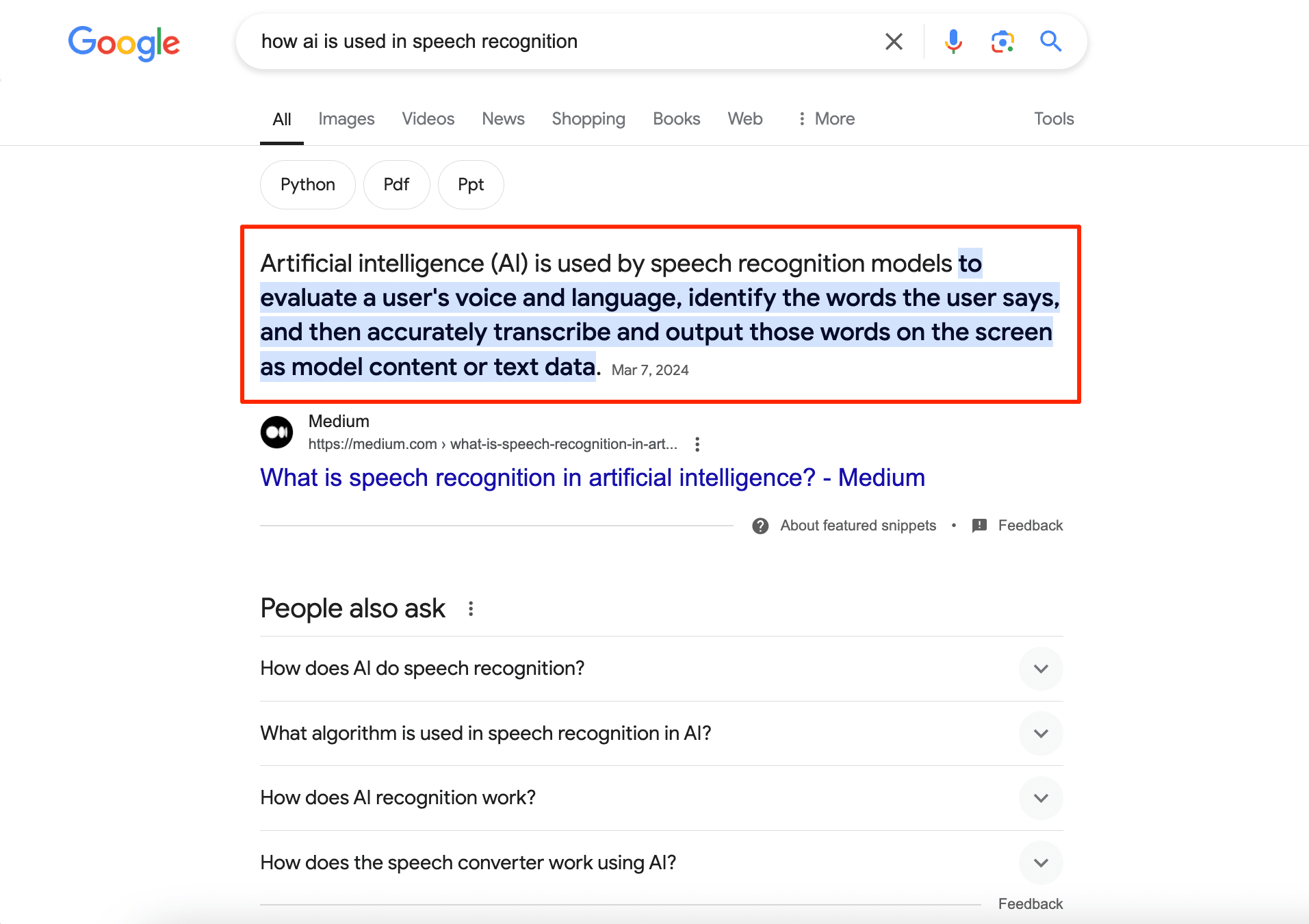 featured snippet example