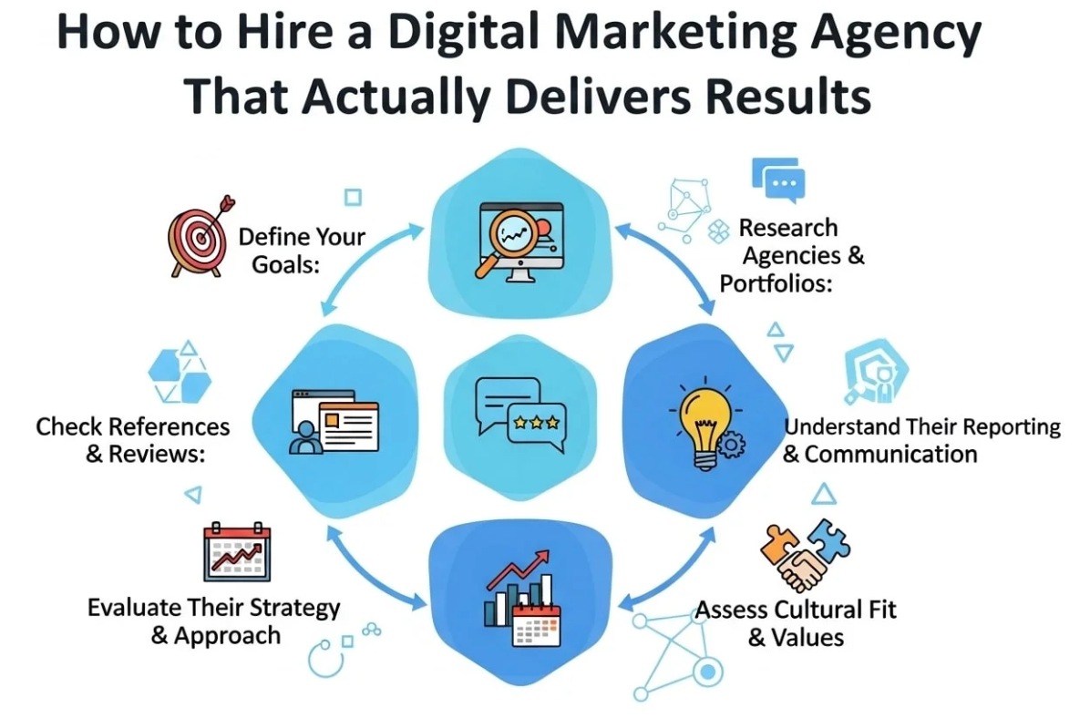 Infographic explaining the key steps in hiring a digital marketing agency