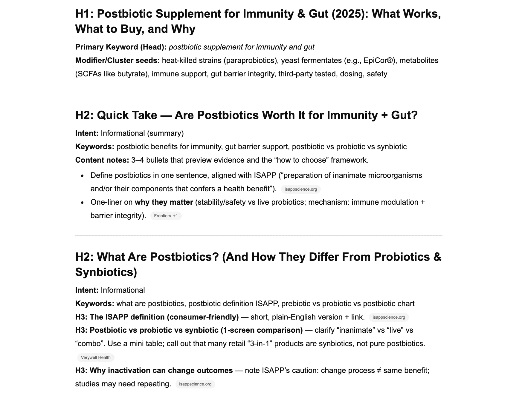 postbiotic supplement for immunity and gut outline ChatGPT