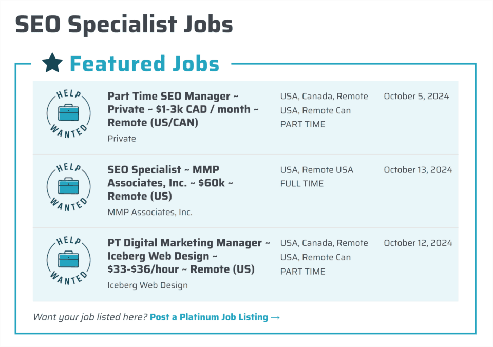 A screenshot of a job board with SEO vacancies