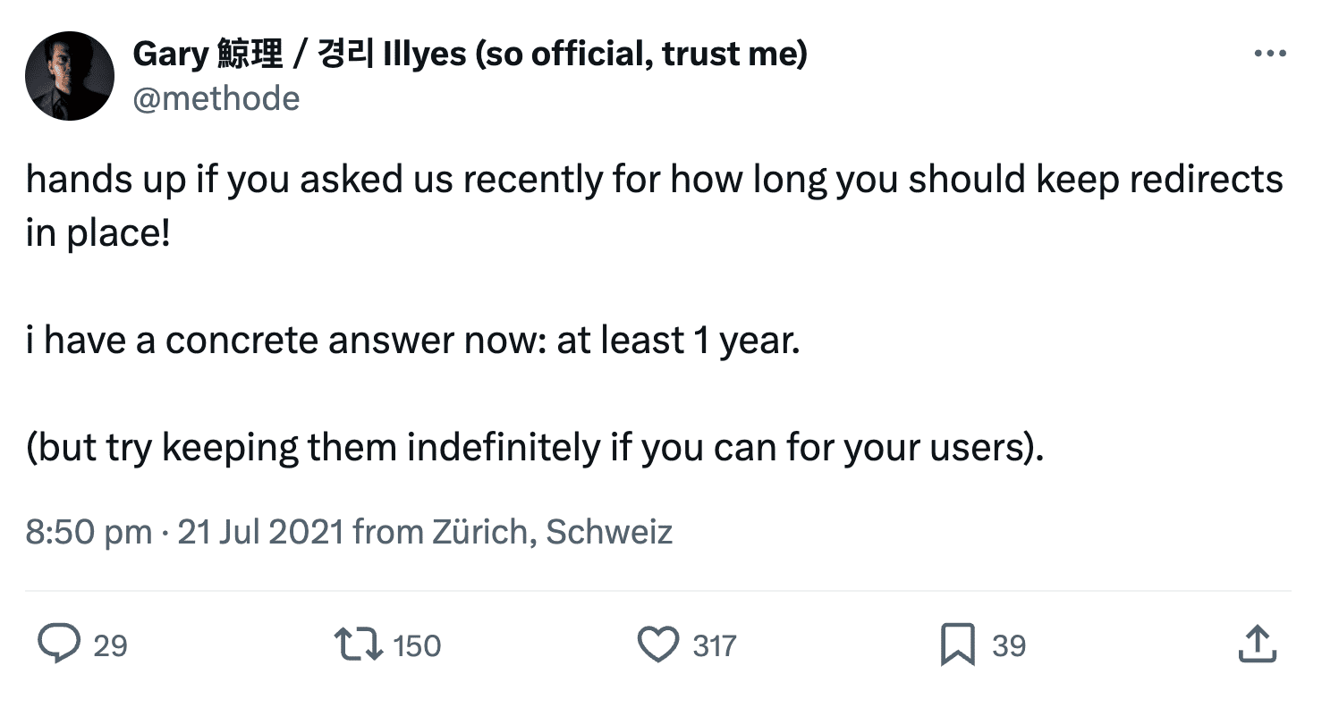 How long should redirects stay google