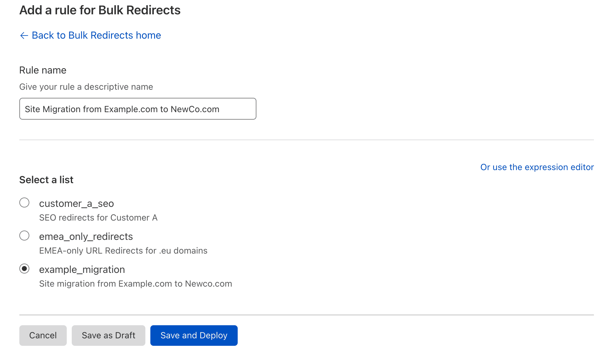 Cloudflare Bulk Redirects example
