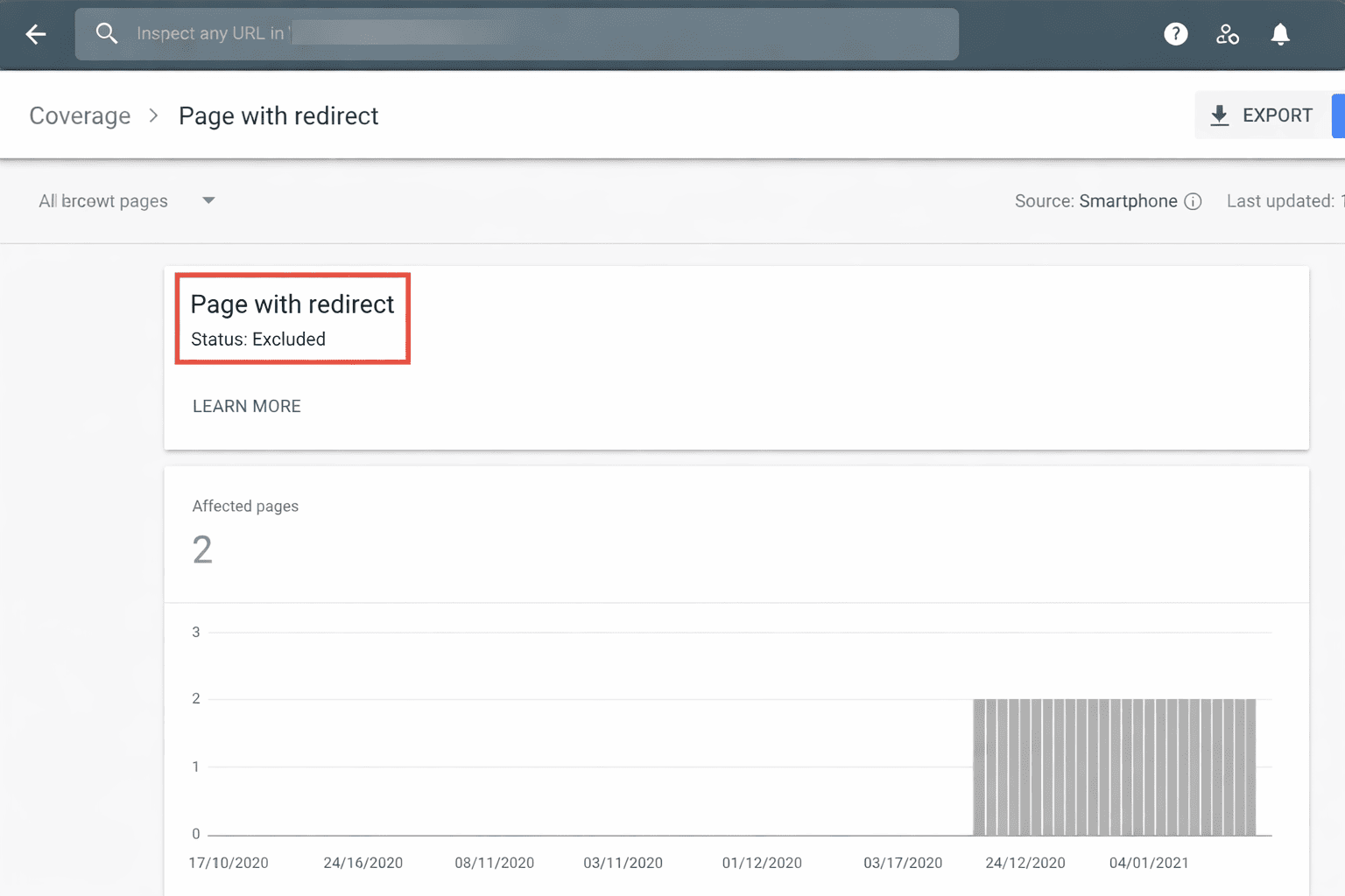 find Page with redirect Google Search Console