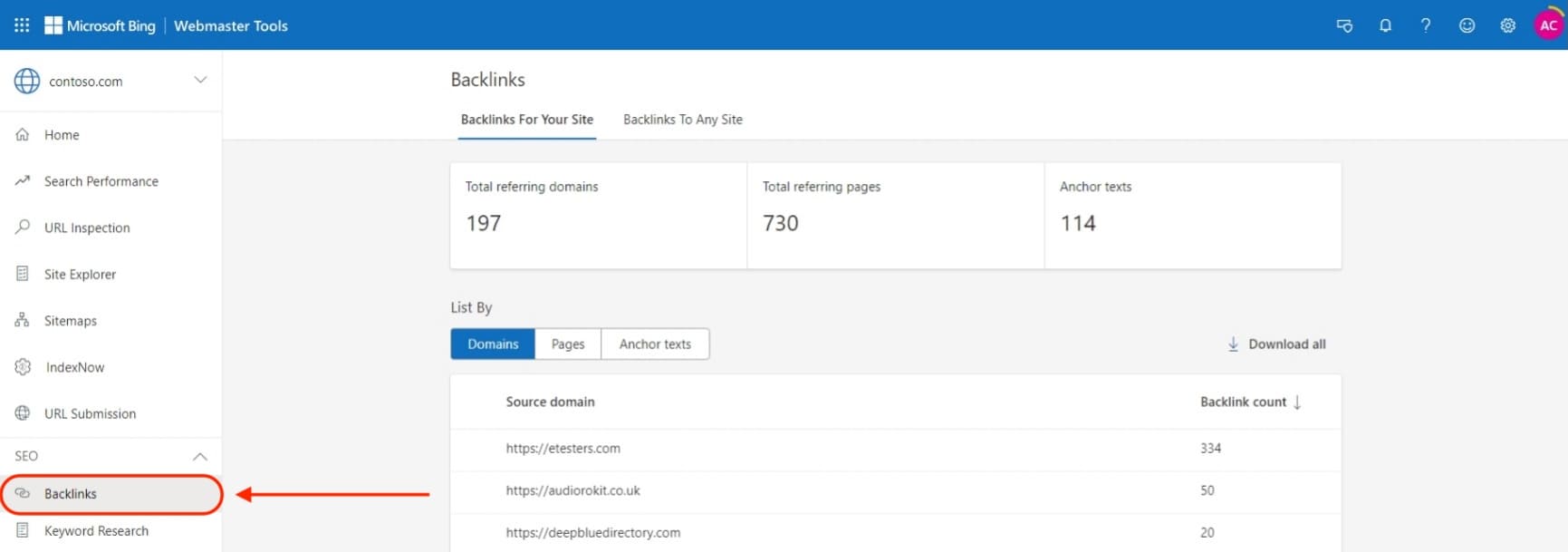 how to check backlinks in Bing