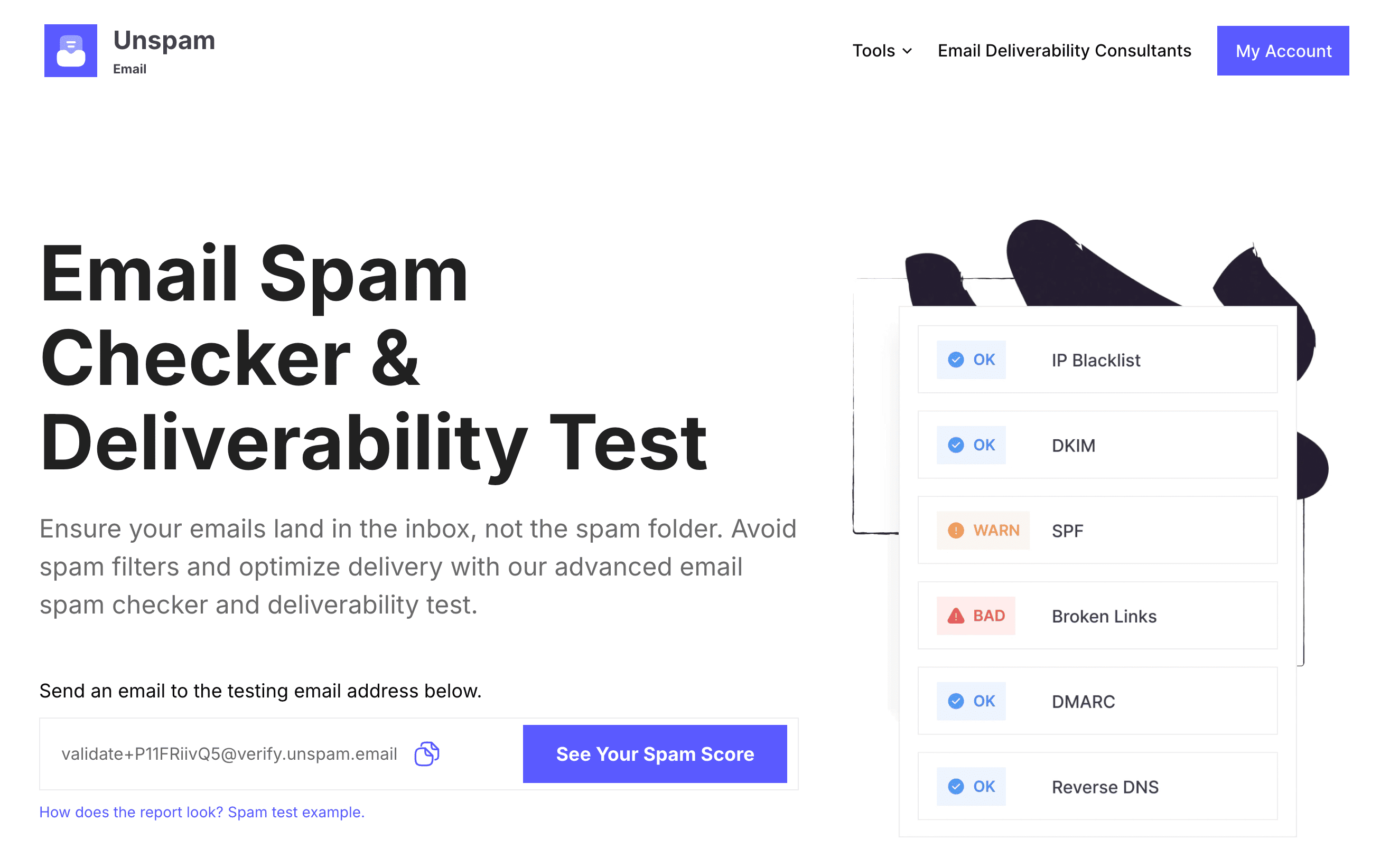 Unspam email homepage email deliverability tool