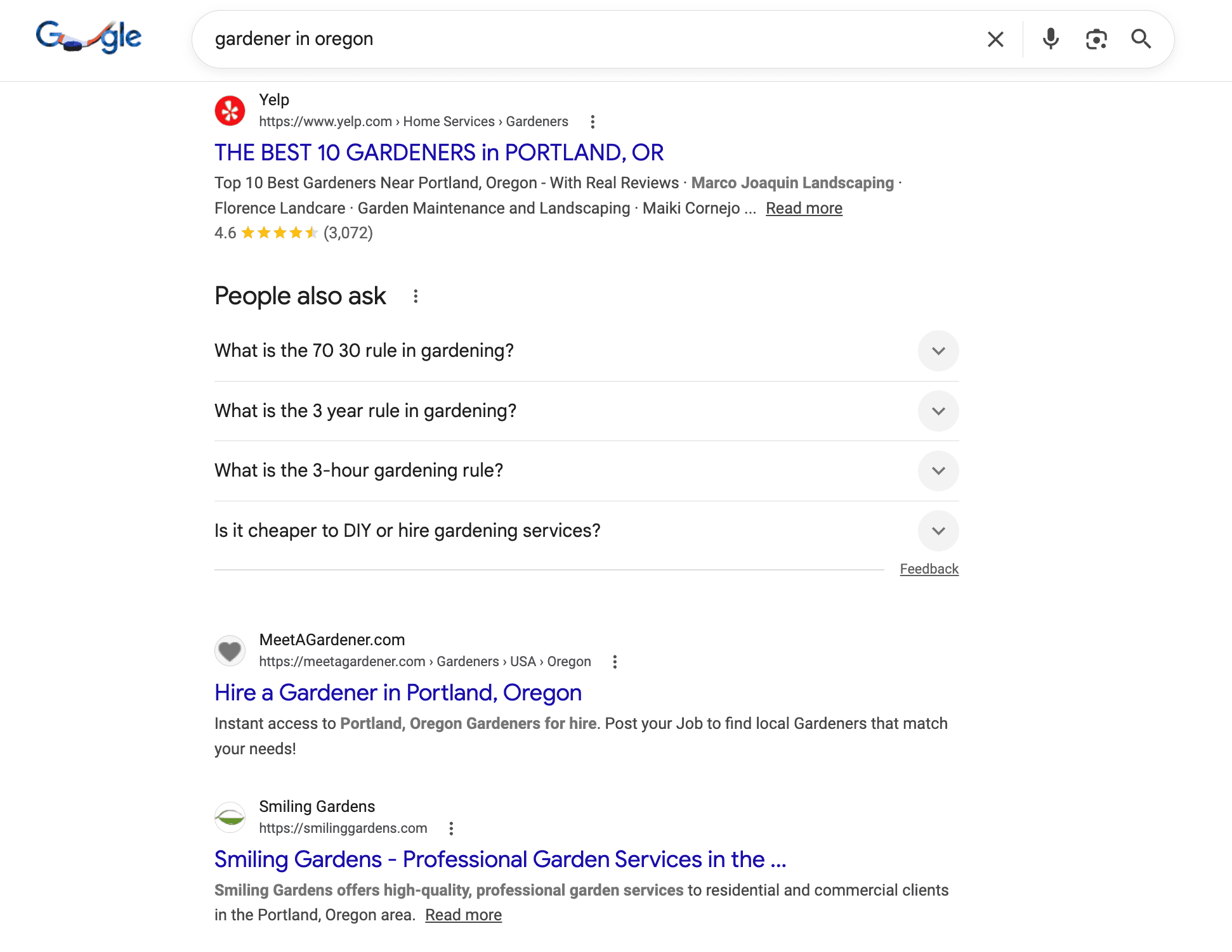 gardener in Oregon Google search result for local SEO landing pages