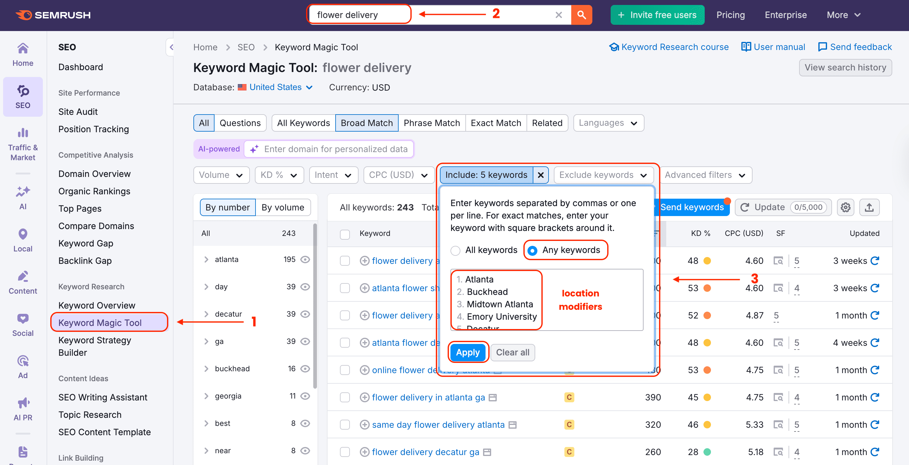 find local keywords in Semrush for local landing pages