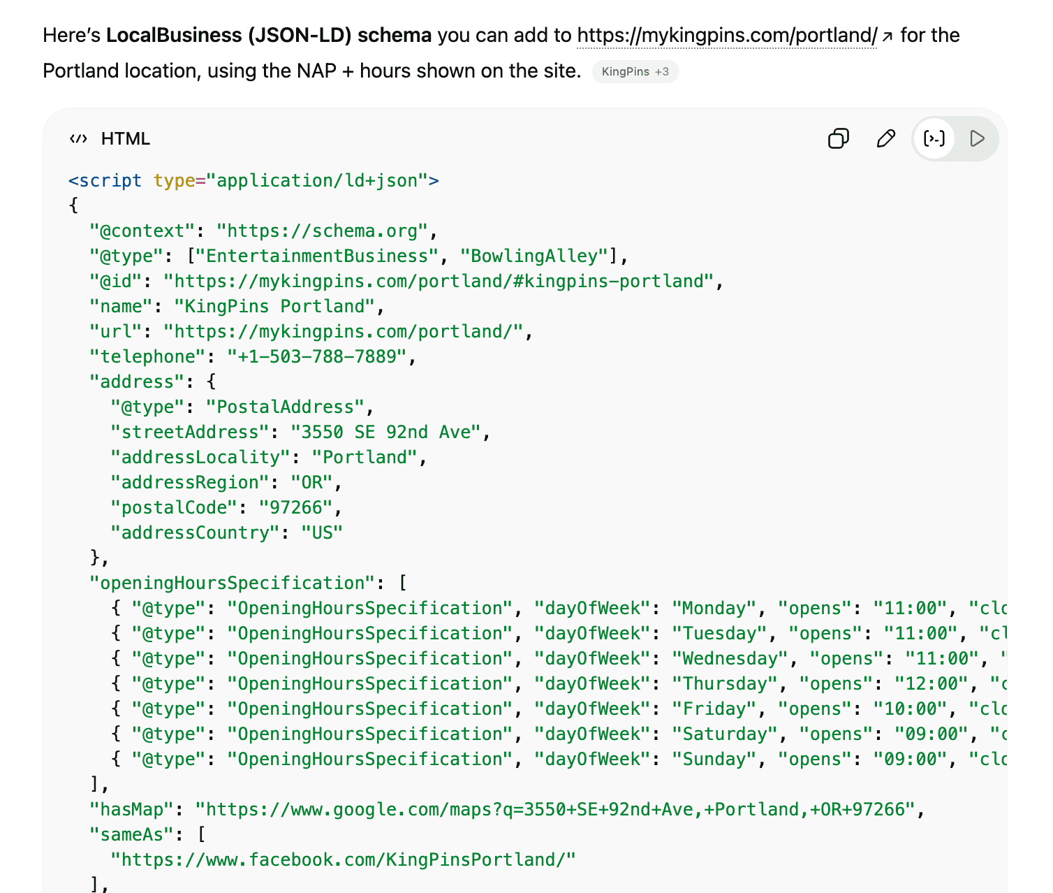 ChtGPT generate local schema for local SEO landing page