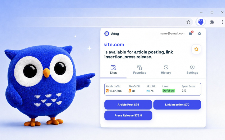 Adsy Checker extension displaying website metrics and placement pricing options