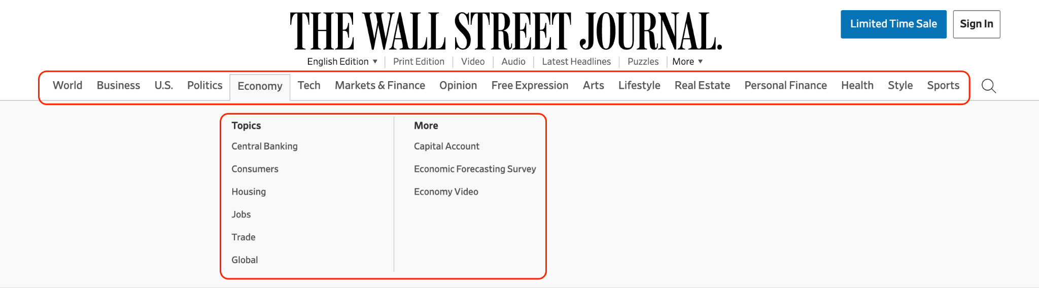 The Wall Street Journal category and subcategory structure for news SEO