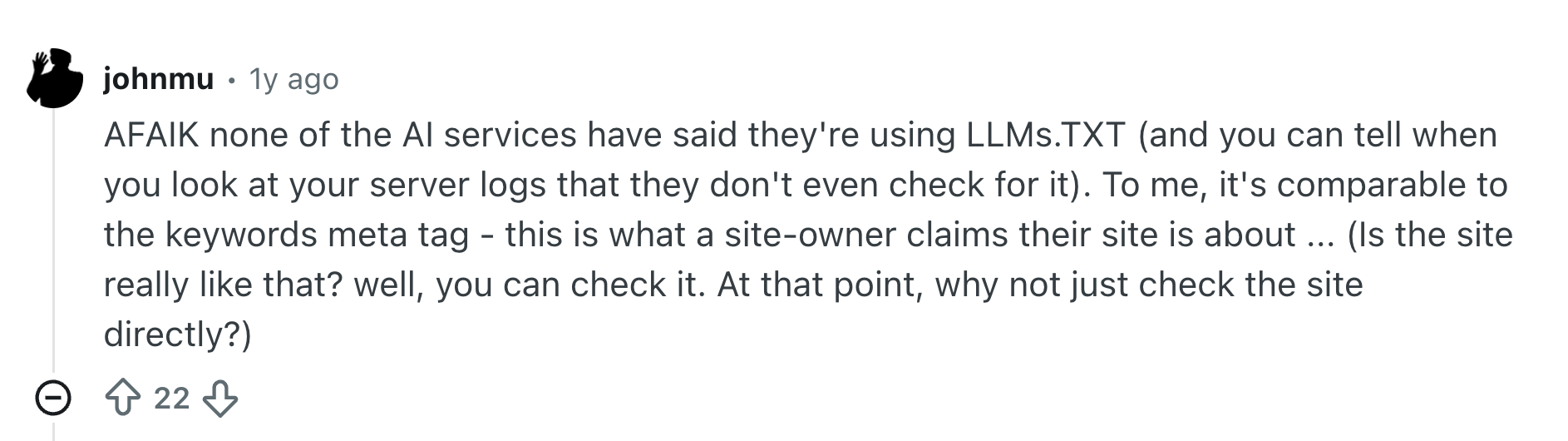 Google’s John Mueller opinion on llms.txt shared on Reddit