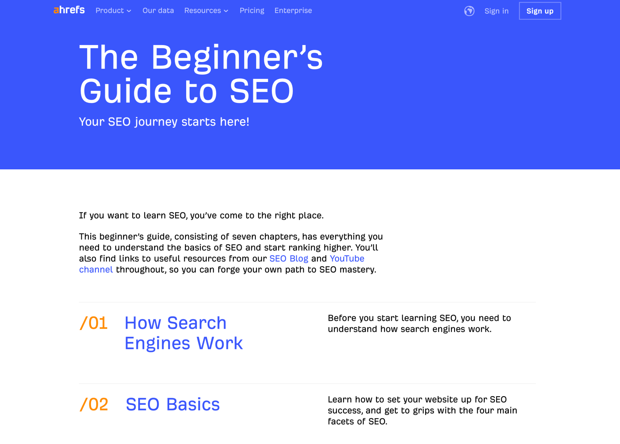 The course-style pillar page example by Ahrefs