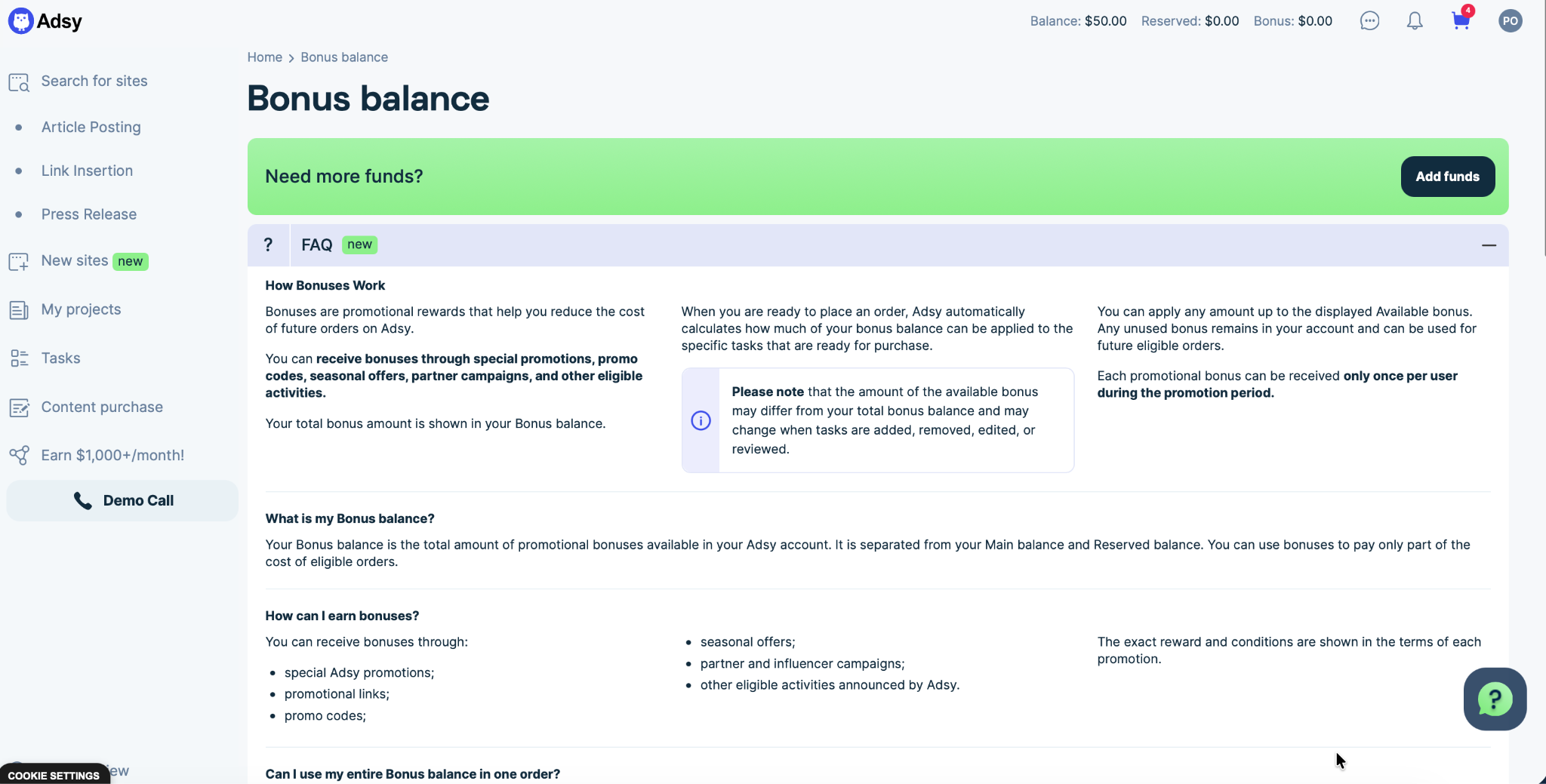 Extensive FAQ block on the Bonus balance page