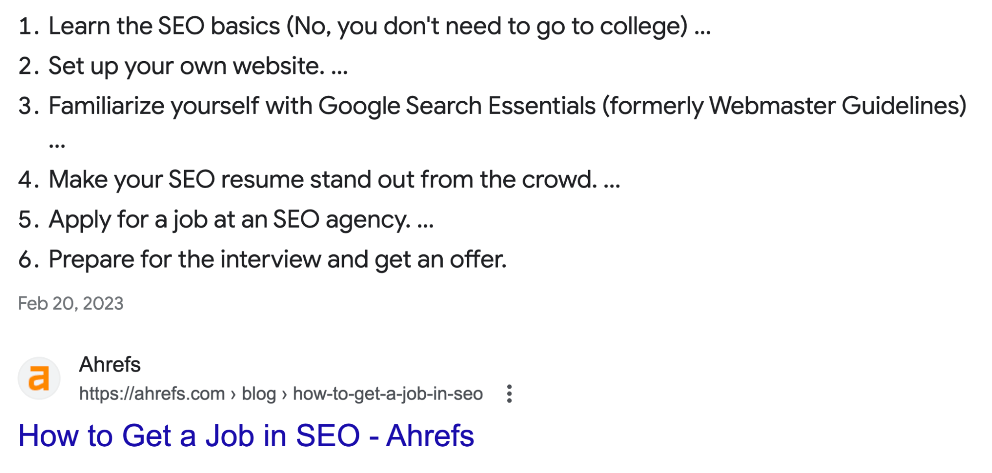 An example of a list featured snippet
