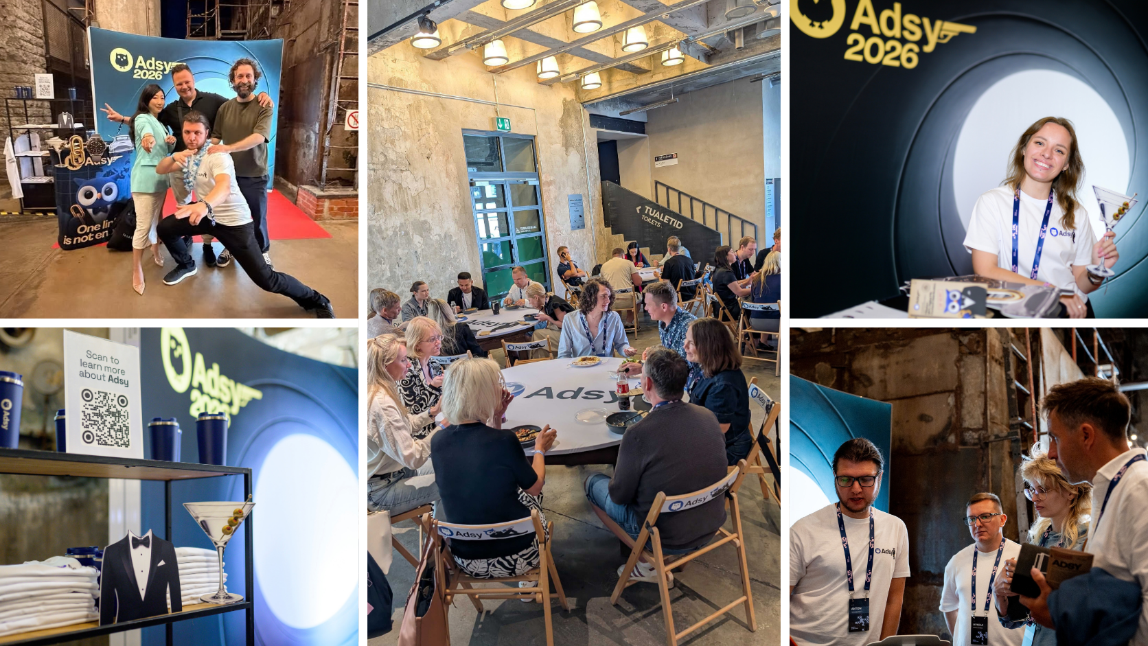 SEO Estonia 2026 event collage showing Adsy photo zone, networking tables, branded merch, and team conversations