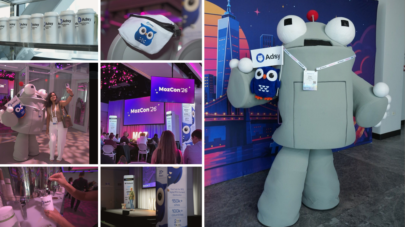 MozCon 2026 event collage with Adsy coffee cups, branded merch, stage, and Roger mascot holding Eddie the Owl