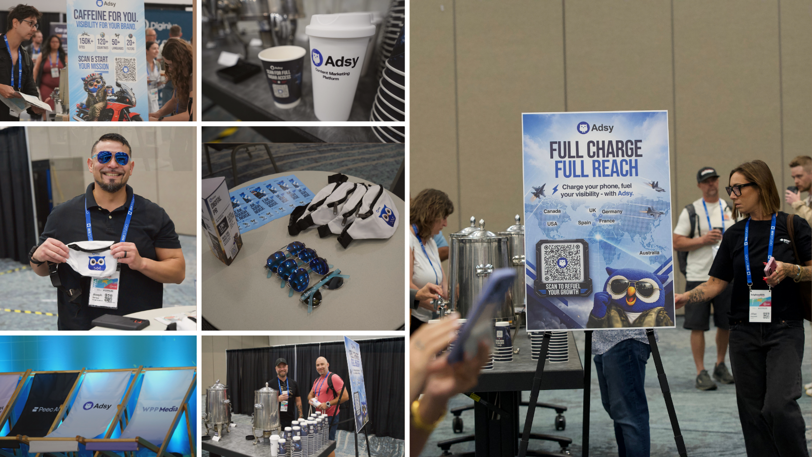 BrightonSEO San Diego 2026 event collage with Adsy coffee booth, branded sunglasses, charging station, and attendee interactions