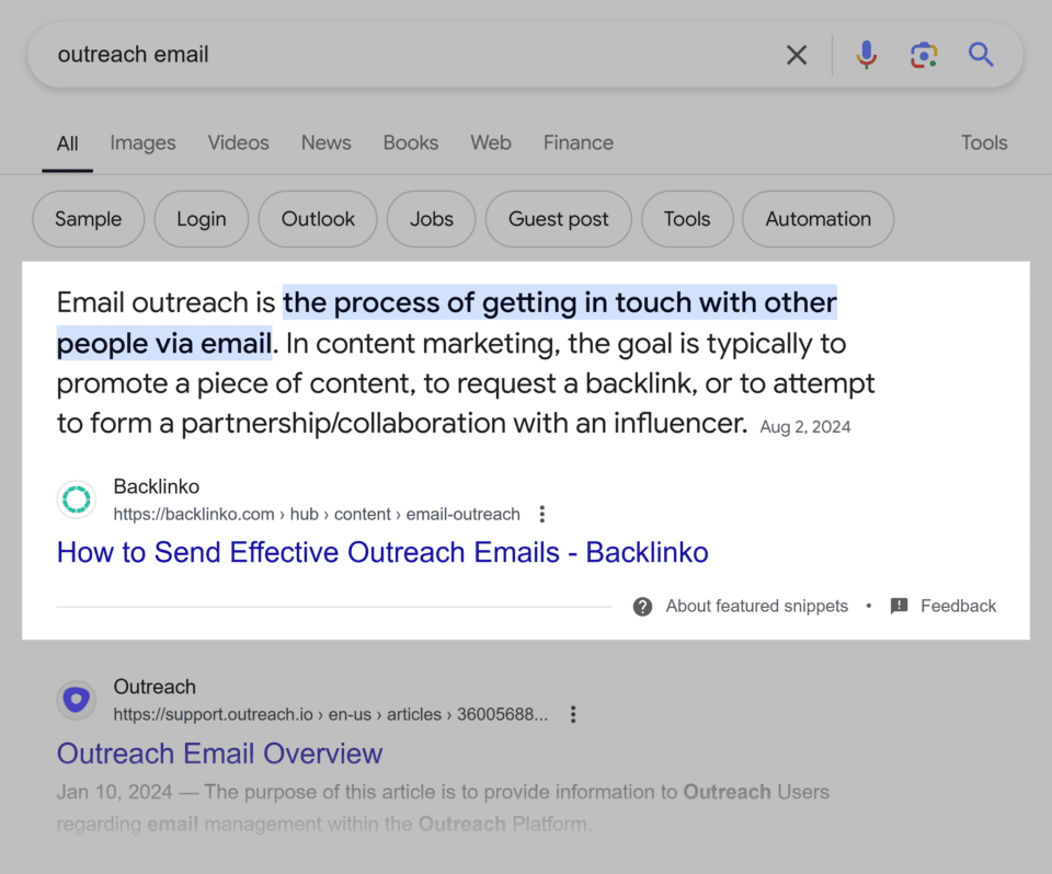 An example of a featured snippet defining email outreach