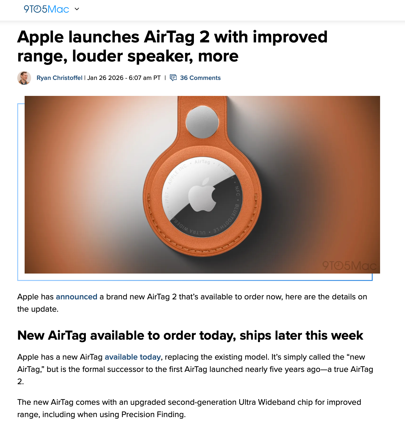 9to5Mac article about Apple AirTag 2 launch with improved range and louder speaker