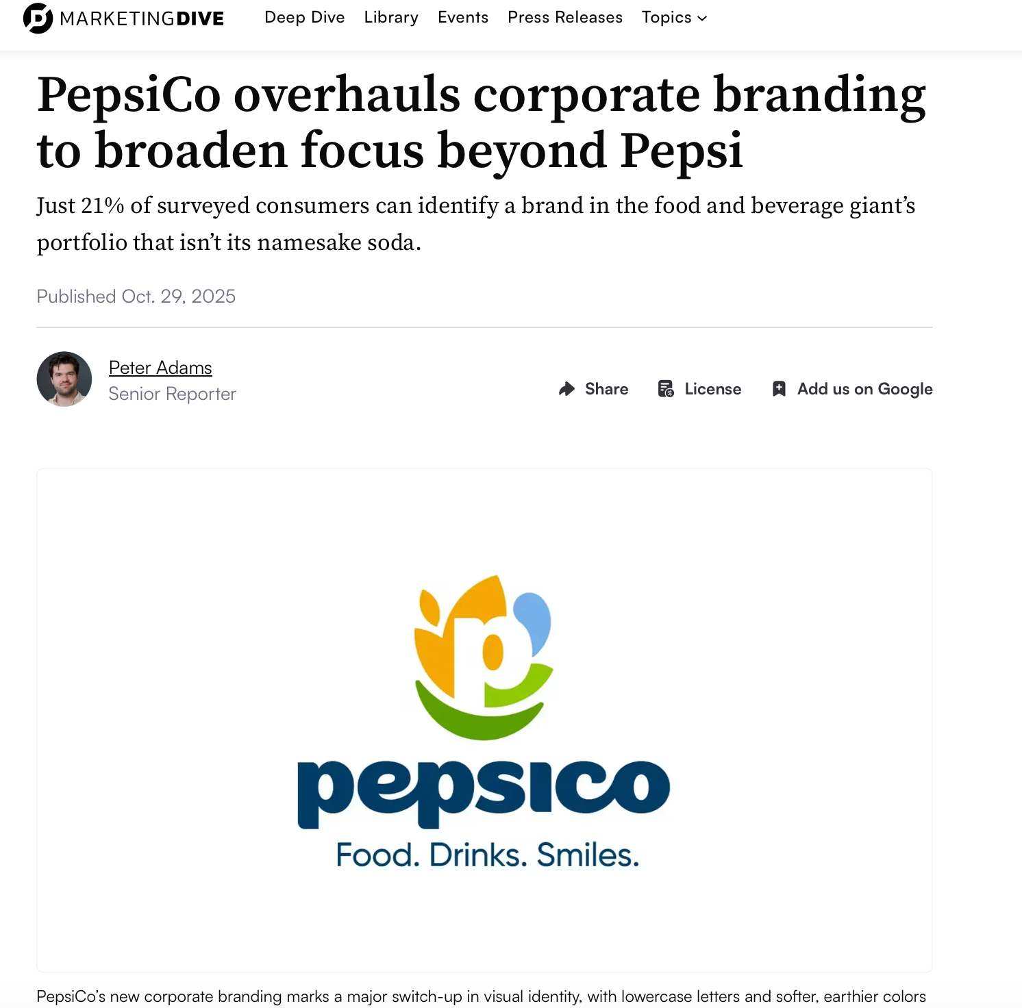 Marketing Dive article about PepsiCo corporate rebrand with the new Pepsico logo