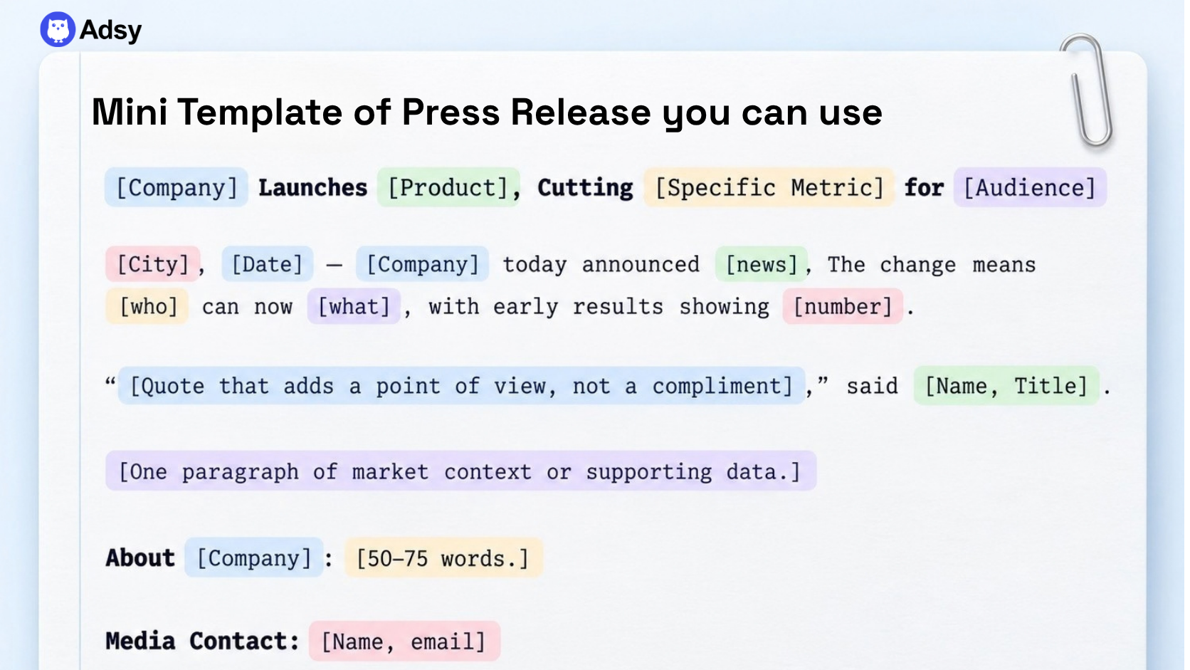 Mini template of a press release with placeholders for headline, lead, quote, boilerplate, and media contact
