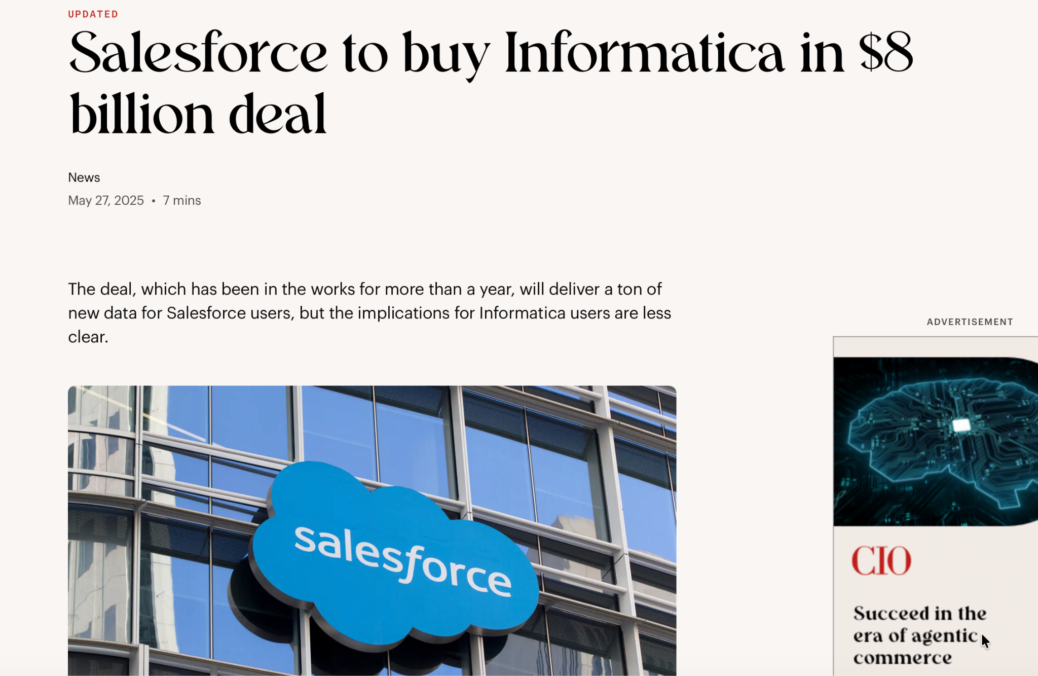 CIO article about Salesforce buying Informatica in an $8 billion deal