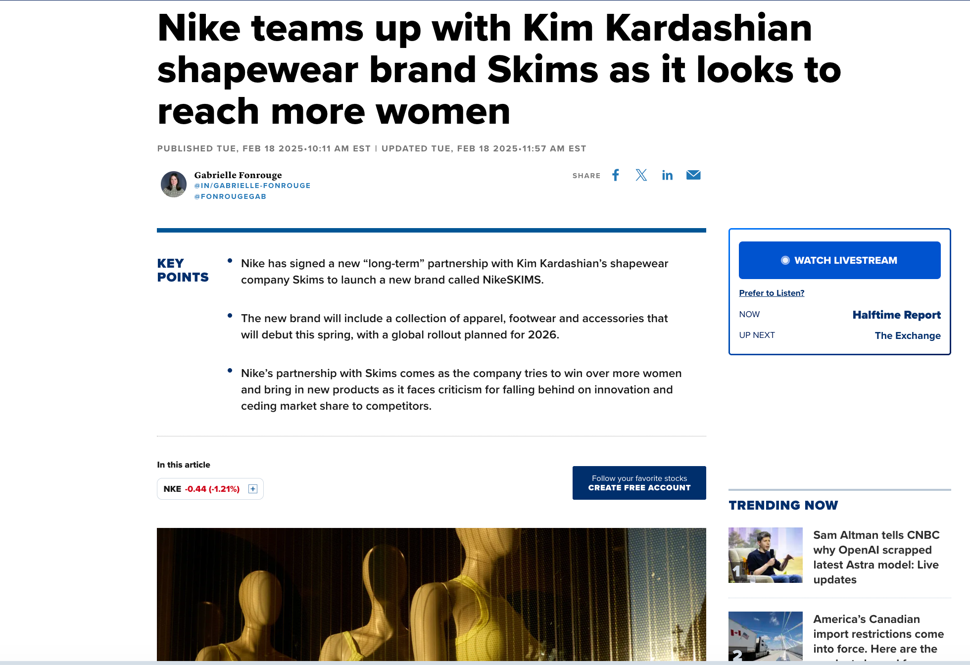 CNBC article about Nike partnering with SKIMS to launch the NikeSKIMS brand