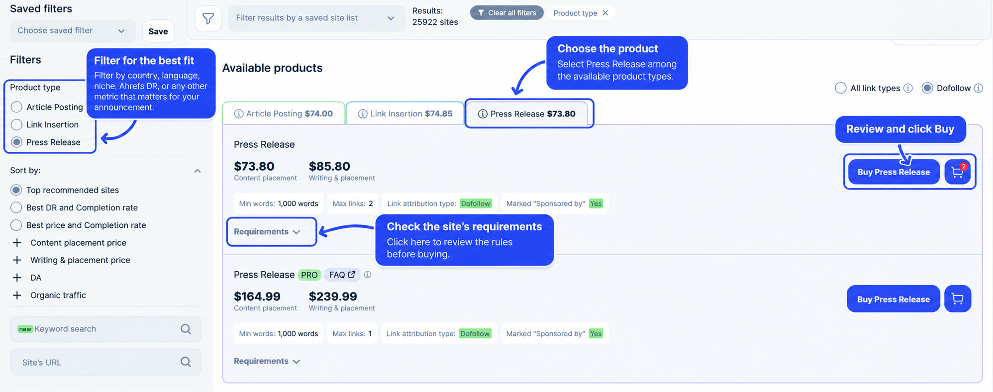 Adsy Press Release product with filters, requirements, and Buy button highlighted