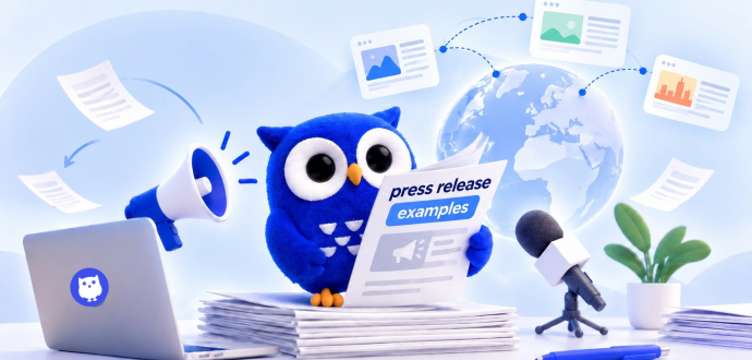 Blue owl mascot reading a newspaper with 