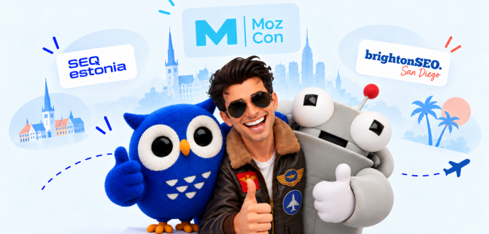 Adsy at SEO Estonia, MozCon and brightonSEO San Diego 2026: owl mascot, Roger and a pilot with thumbs up